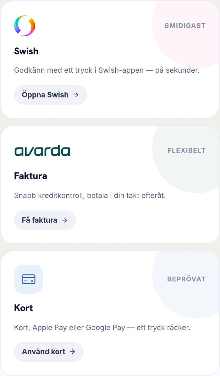 Val av betalsätt: Swish, faktura eller kort